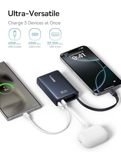 Baseus Power Bank, Picogo 10000mAh 45W 3-Output Portable Charger with Built-in USB-C Cable, PPS/PD QC Fast Charging External Battery Pack for iPhone 17/16/15/14/13, Samsung S25/S24, MacBook Pro, iPad 4