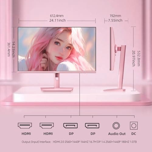 CUNPU 27 Inch Pastel Pink Gaming Monitor QHD 2560x1440 180/200Hz 1ms GTG Fast IPS Computer Monitor, 90% DCI-P3, Adaptive Sync, Built in Speaker, Height/Swivel/Tilt/Pivot Adjustable Stand, HDMI,DP 9
