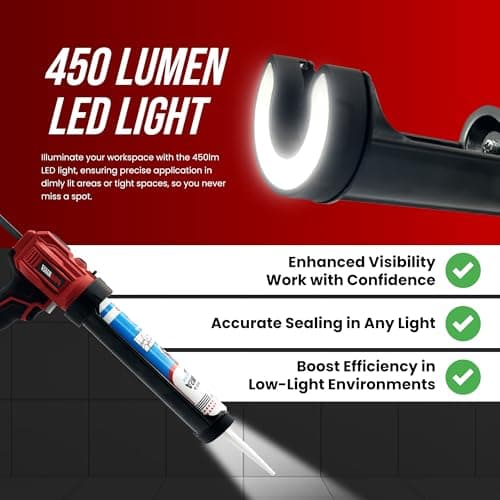 PROMAKER Cordless Caulking Gun, 21V Caulk gun w/ 2 Batteries, LED Light, Adjustable Speed, 3 Nozzle Adapters, 5 Knife Heads, 10 Oz Capacity, 550Lb Pushing Force, Caulk Tool Trowel & Scraper 5