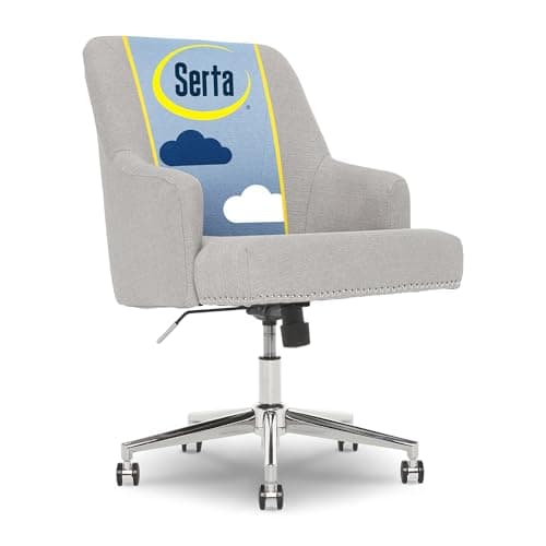 Serta Leighton Home Office Desk Chair, Stylish Mid-Back with Chrome Nailheads, Memory Foam Cushion and Padded Arms, Mid Century Modern Vanity Armchair, Swivel Base, Twill Fabric, Light Gray