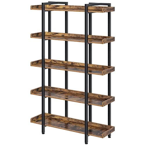 Rolanstar Bookshelf 5-Tier, 68.9’’H Industrial Book Shelf, Large Bookcases and Bookshelves with Open Shelves, Open Display Shelves with Metal Frame for Living Room Bedroom Home Office, Rustic Brown