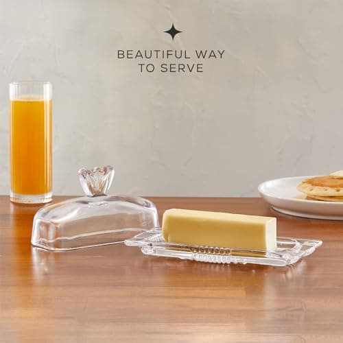 JoyJolt Clear Glass Butter Dish with Lid - Fancy Butter Stick Holder Wide Butter Dish for 4oz Sticks. Vintage-Style Covered Tray for Cute Farmhouse Butter Container Aesthetic. 8