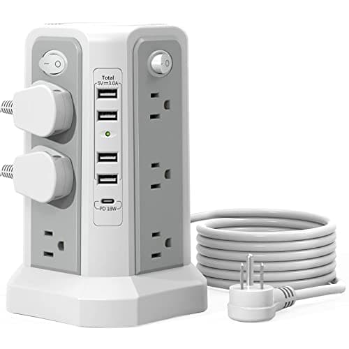 Surge Protector Power Strip Tower with PD18W USB C Port,10FT Extension Cord with 12 AC Mutiple Outlets 5 USB Charging Ports, PASSUS Power Tower Surge Protection for Home Office Dorm Room