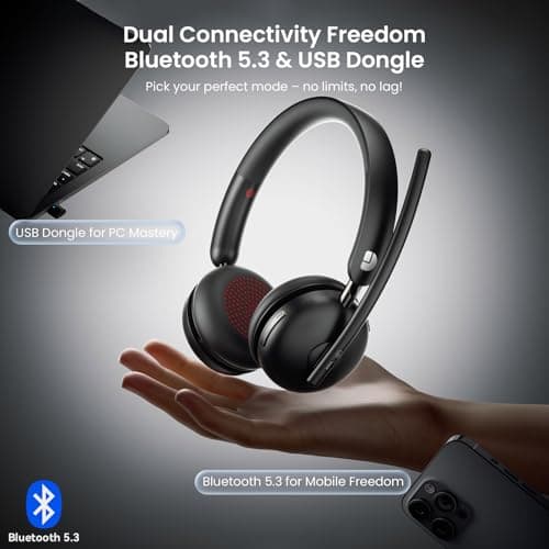 Dytole Wireless Headset with Mic for Work, Bluetooth 5.3 Headset with AI Noise Cancelling Mic, Wireless Headphones with Mic& USB Dongle, 65H Battery, Comfort Fit for PC/iPhone/Android/Call Center 2