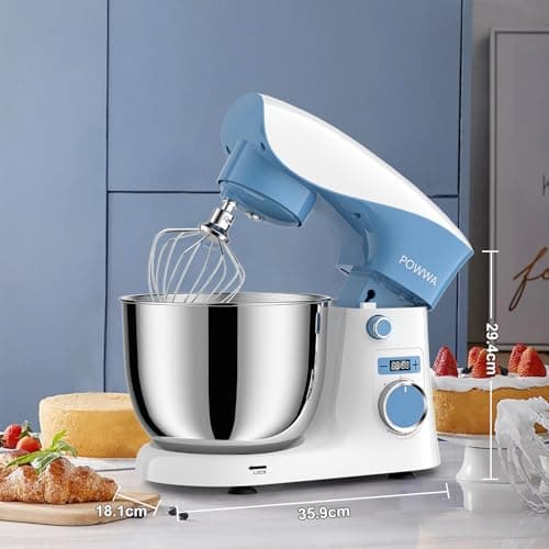 Stand Mixer, POWWA 6.5 QT 10 Speeds Tilt-Head Electric Stand Mixer, 3-In-1 Kitchen Mixer with Bowl, Dough Hook, Whisk and Beater, Food Mixer for Baking and Daily Use (White Blue) 6