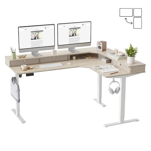 FEZIBO L Shaped Electric Standing Desk, 63 x 48inch Large with Drawers | Reversible Tabletop, 2 Memory Height Settings | Home Office & Gaming Height-Adjustable Table, Light Walnut Top/White Frame