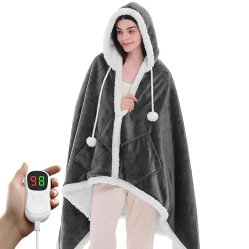 PLOATH Heated Electric Blanket Shawl: Heating Throw Heated Poncho - Wearable Blanket Hoodie Wrap Sherpa with 10 Heat Levels & Multi Heating Time Settings (40x70'' Dark Grey)