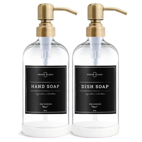 Vine Creations Clear Glass Soap Dispenser, 2 Pack Kitchen Soap Dispenser Set with Stainless Steel Pump, 16 oz Dish Soap and Hand Soap Dispensers for Bathroom with Waterproof Labels 7