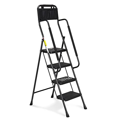 HBTower Step Ladder with Handrails, Folding Step Stool with Attachable Tool Bag & Anti-Slip Wide Pedal for Home Kitchen Pantry Office, Black