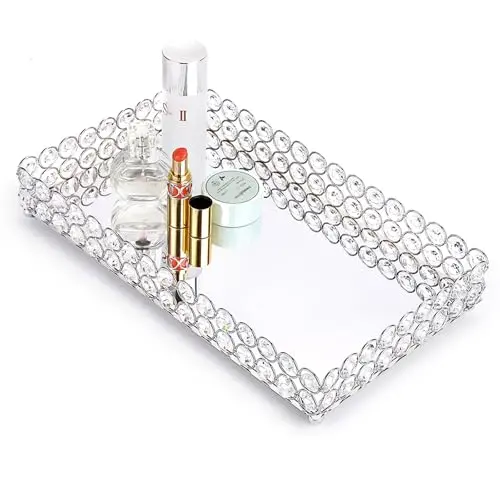 Hipiwe Crystal Cosmetic Vanity Tray, Mirrored Decorative Jewelry Organizer Tray for Perfume, Trinket, Makeup Display Dresser Home Decor (Large, Silver)