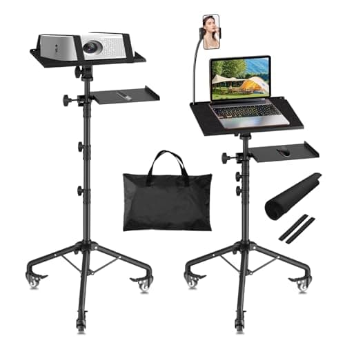 OUKMIC Projector Stand Tripod Laptop Tripod on Wheels with 2 Shelves, Adjustable Height 26 to 49 Inch Portable Podium Stand with Gooseneck Phone Holder for Office, School, Home, DJ Racks