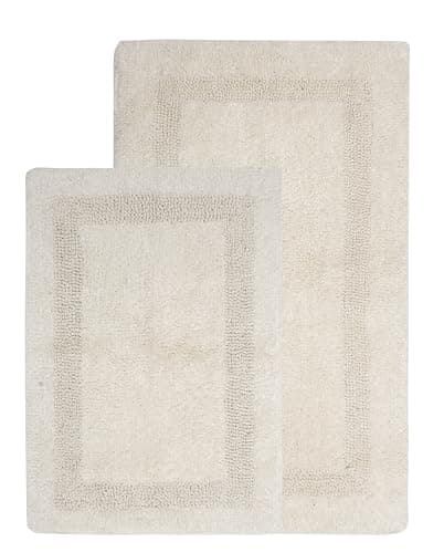 WOVEN ST. Reversible Cotton Bath Rugs | Area Rugs for Spa, Vanity Shower, Bathrooms, Kitchen, Bedroom | Water Absorbent Linens | 100% Cotton | Pack of 2 | 17’’ x 24’’ & 21’’ x 34’’ Inches | Ivory