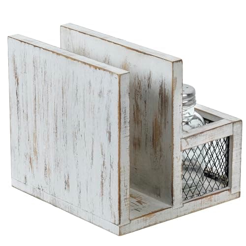FARM IN Napkin Holder, Farmhouse Multifunctional Napkin Holder with Salt and Pepper Shakers Holder for Home and Commercial Use, Rustic Solid White Washed Wood & Diamond Metal Wire Mesh 7