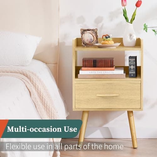 Yoobure Modern Nightstand with Fabric Drawer, Bedside Tables, Mid Century Nightstand with Open Storage Shelf, Wood Bedside Table, Small Night Stands for Bedrooms, 2-Tier Night Table 7