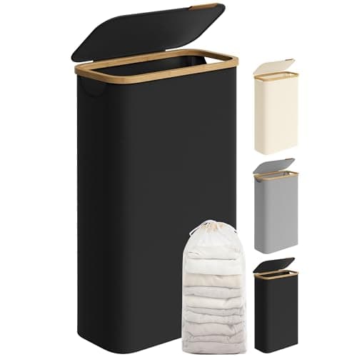 SONGMICS Laundry Hamper with Lid, Slim Laundry Basket, 17.2 Gallons (65L), Space-Saving, Removable Mesh Liner, Bamboo Handles, Collapsible, 16.5 x 8.9 x 27.8 Inches, Ink Black ULCB506B01