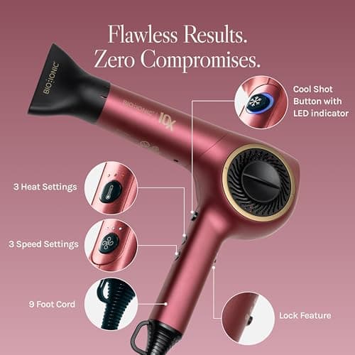 Bio Ionic 10X Ultralight Speed Hair Dryer, Blow Dryer with Adjustable Heat & Speed, Memory Function, Professional Hair Styling Tool for Fast Hair Styles, Limited Edition Velvet Rouge 5