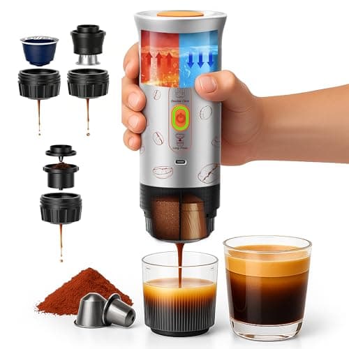 Portable Espresso Machine, 3-in-1 Travel Coffee Maker with Self-Heating, Battery Operated 20Bar Wireless Portable Espresso Maker Compatible with Ground Coffee & Capsule for Camping, Car, Office