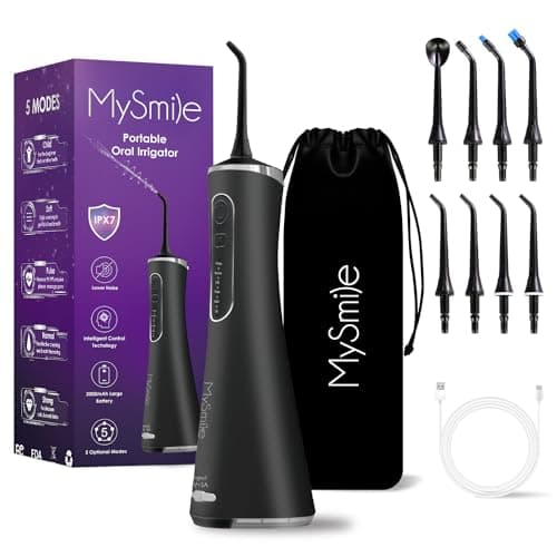 MySmile LP211 Cordless Advanced Water Flossers for Teeth, 5 Cleaning Modes Rechargeable Power Dental Flosser 8 Replacement Jet Tips IPX 7 Waterproof Dental Irrigador with Portable Travel Storage Pouch