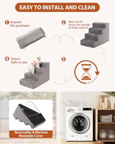 Dog Stairs for Small Dogs,17.5" H,4-Step Pet Stairs for High Beds and Couches，Dog Steps with Non-Slip Bottom and High-Density Foam Indoor Outdoor,Dark Grey 5
