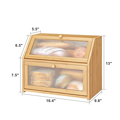 Vriccc Bread Box for Kitchen Counter, Large Bamboo Wood Double Layer Bread Box, Wooden Bread Storage Capacity 7