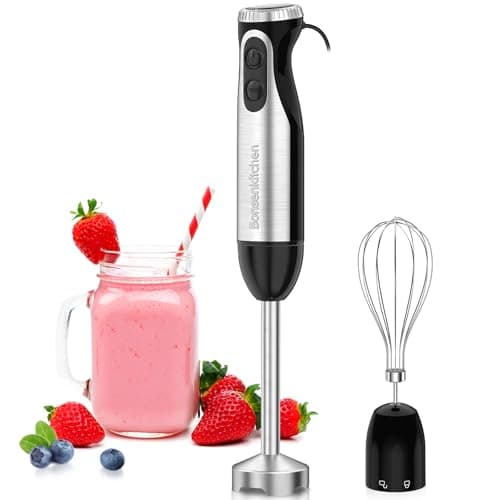 Bonsenkitchen Immersion Handheld Blender with Whisk, 20-Speed & Turbo Mode Hand Blender Stick 500W, 304 Stainless Steel Hand Blender for Soup, Smoothie, Puree, Baby Food