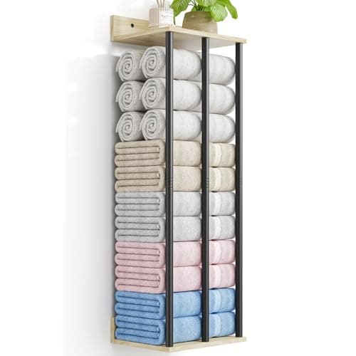 WeGXY Towel Racks for Bathroom Wall Mounted, 3 Bar Wall Towel Rack for Rolled Towels, Metal Towel Holder with Wooden Shelf, Sturdy and Large Capacity, Towel Storage Organizer