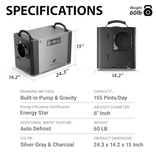 Airzentti 155 Pints Commercial Dehumidifier for Basement with Pump and Drain Hose, Large Space Dehumidifier for Crawl Space, Attic, Garage, Home, Industrial, Water Damage, Auto Defrost, Energy Star 9
