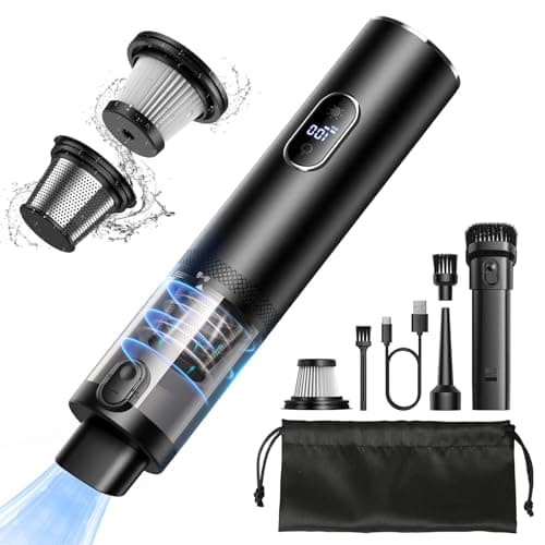 PUFTEM Car Vacuum Cleaner, 15000Pa High Power Handheld Vacuum, LED Display Cordless Car Vacuum, 2 Speeds, 30 Mins Runtime, 150ml Dust Cup, 4 in 1 Portable Mini Vacuum for Car, Home, Office