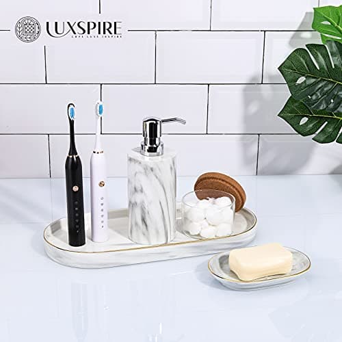 Luxspire Soap Dish Holder, Ceramic Marble Soap Tray Bar Soap Holder with Gold Trim, Oval Sponge Case Box Hand Soap Plate Container for Bathroom Vanity Shower Kitchen Sink Easy Cleaning, Marble White 6