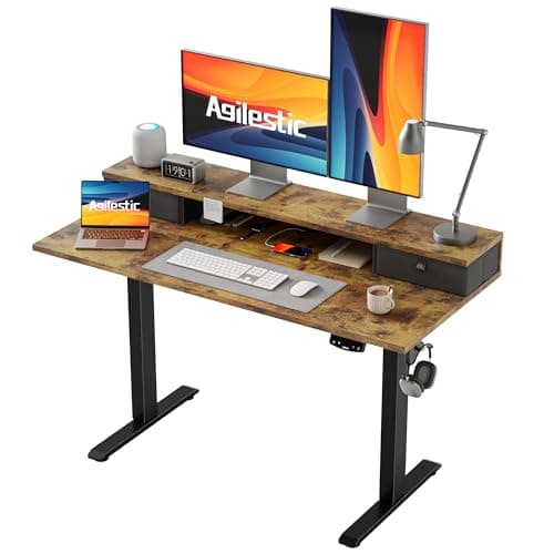 Agilestic 48 x 24 Inches Electric Standing Desk with 2 Storage Drawers, Adjustable Height Sit and Stand Computer Table with Splice Board, Rustic Brown
