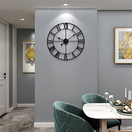 Large Modern Metal Wall Clocks Rustic Round Nearly Silent Little Ticking Battery Operated Roman Numerals Clock for Living Room/Bedroom/Kitchen Wall Decor-(Black, 47cm) 6