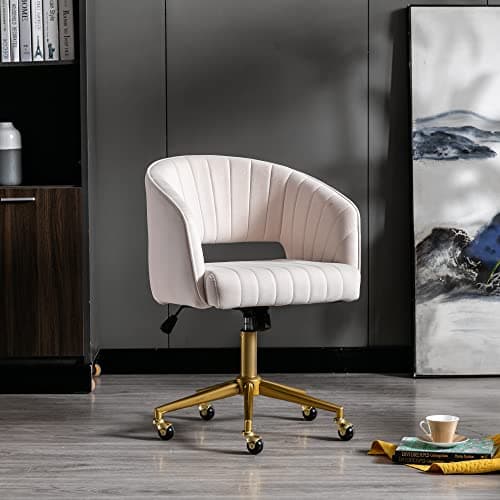 Home Office Chair Swivel Velvet Desk Chair Accent Armchair Upholstered Modern Tufted Chairs with Gold Base for Girls Women Ergonomic Study Seat Computer Task Stools for Living Room(Cream) 10