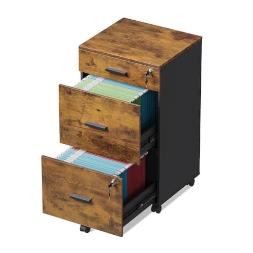 DEVAISE 3 Drawer Rolling File Cabinet with Lock, Wood Filing Cabinet fits Letter / A4 Size for Home Office, Rustic Brown