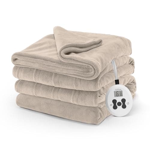 Sunbeam Electric Royal Luxe Microplush Heated Blanket, 12 Heat Settings, 12-Hour Selectable Auto Shut-Off, Fast Heating, Warm and Cozy, Mushroom Color, Twin, 84" x 62"