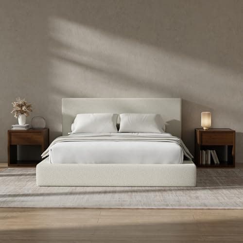 RECCI Cloud Boucle Upholstered Queen Bed Frame with Headboard, 5 Inch Foam Padded Platform, No Box Spring, Easy Assembly(Beige)
