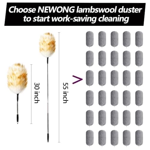 NEWONG Extendable Lambswool Duster 30-55inch with Aluminium Alloy Handle, Natural Long Feather Duster for Cleaning Fans, Ceiling, Bookshelevs, for Home&Office 6