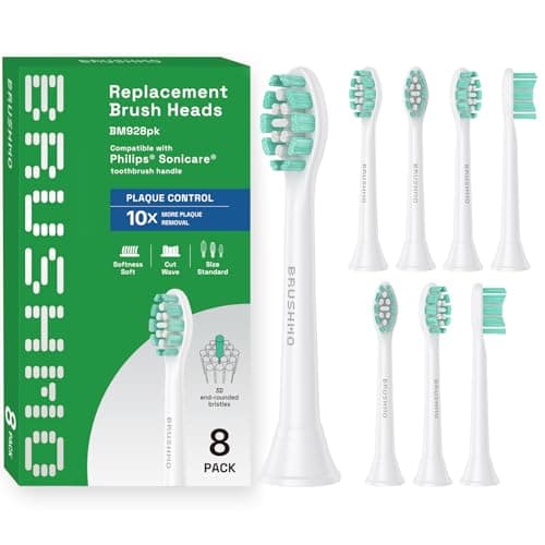 Brushmo Plaque Control Replacement Toothbrush Heads, Compatible with Philips Sonicare Click-on Electric Toothbrush Handles, 8 Standard Replacement Heads, Soft Dupont Bristles, BM928, White
