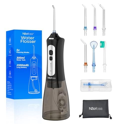 H2ofloss Cordless Water Flosser for Teeth, Portable Oral Irrigator with 300ml Tank, Rechargeable 2500mAh Battery, 5 Modes, 6 Tips, 2-Min Timer, IPX7 Waterproof for Home & Travel (Black)