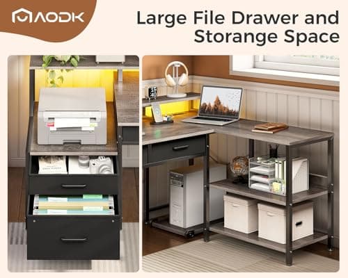 AODK L Shaped Desk with 5 File Drawers, 75" Reversible L Shaped Computer Desk with Power Outlet & LED Strip, Office Desk with Storage Shelves, Gaming Table with Monitor Shelf, Corner Table, Grey Oak 6