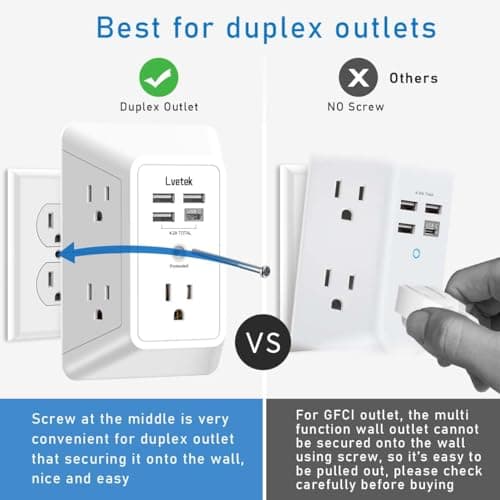 5 Outlet Extender Multi Plug Wall Outlets with 4 USB Charging Ports (1 USB C Outlet), 3 Sided 1680J Surge Protector Power Strip USB Wall Charger for Home, Office, Travel, ETL Listed, White 5