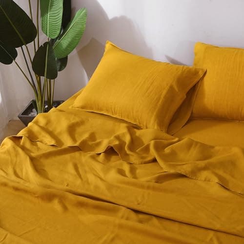 Linen World 100% French Natural Linen Pillowcase Set of 2 - Stone Washed,Moisture-Absorbing Queen Size Pillow Shams (20''x30''),Yellow 6
