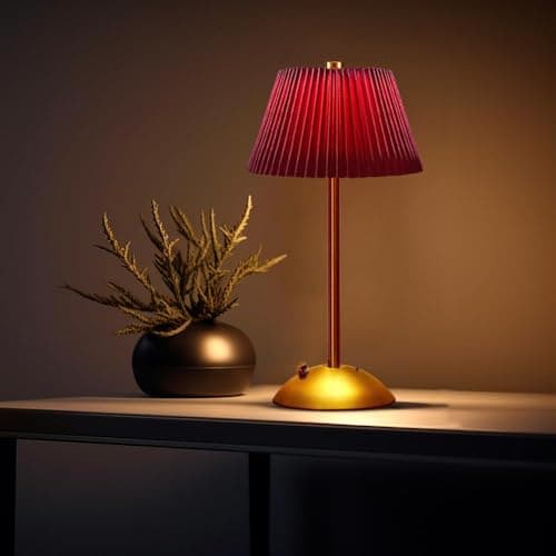 JHPGEOE Cordless Metal Desk Lamp,Touch Sensor Control LED Table Lamp,3 Way Dimmable Nightstand Lamp with Fabric Shade Desk Lamp for Living Room, Dorm, Home Office (Red)