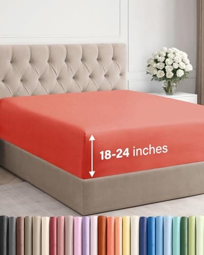 Extra Deep Cal King Fitted Sheet - Hotel Luxury Single Fitted Sheet Only - Easily Fits 18 inch to 24 inch Mattress - Ultra Soft, Wrinkle & Fade Free w/Extra Deep Pockets - Breathable & Comfy - Coral