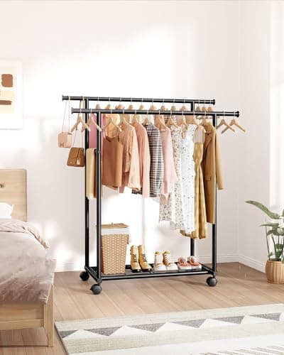 Sakugi Metal Clothes Rack - Double Rod Clothing Rack with Fixed Design and Rolling Wheels, Coat Rack with Built-In Shelf for Closet Organizers and Storage (38.5" x 16.9" x 59.0", Black) 9