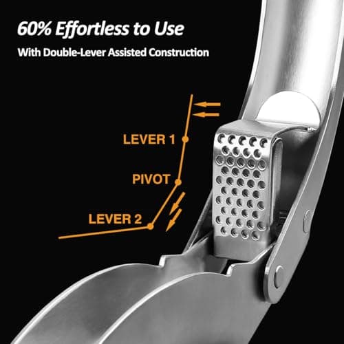 VOVOLY Premium Garlic Press Stainless Steel, No need to Peel Garlic Presser, Heavy Duty Professional Grade Double Lever-Assisted Garlic Mincer with High Capacity Chamber- Easier Clean Garlic Crusher 6