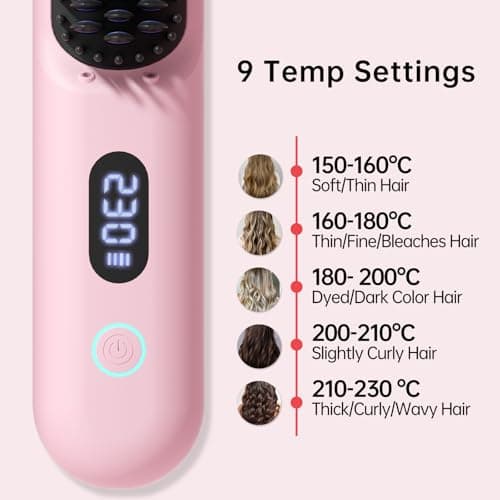 Cordless Hair Straightener Brush - Portable Straightener Brush with 9 Temp Settings, Mini Straightening Comb for Travel, 9600mAh Rechargeable Batt & 224 Million Negative Ions (Pink) 7