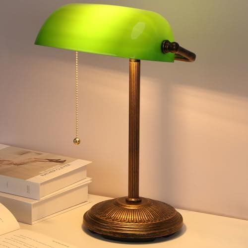 NISSAFORS Bankers Desk Lamp, Green Glass Shade, Vintage Desk Lamp with Pull Chain Switch, Retro Table Lamps for Home Office(Retro Gold+Green, Small) 6