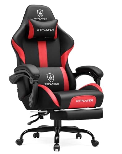 GTPLAYER Gaming Chair with Foot Rest & Pocket Spring Cushion, Ergonomic High Back Computer Chair with Headrest & 360°-Swivel Seat for Home Office Desk, PU Leather, Red