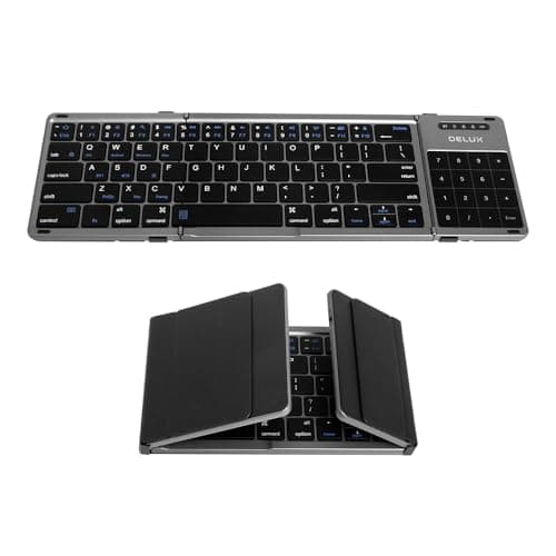 DeLUX Tri-fold Keyboard with Touchpad and Numeric Keypad, 2.4G Wireless Bluetooth KBD, Rechargeable Portable Travel Folding Keyboard with PU Leather, Compatible for iOS/Android/Windows/Tablet (KF18)