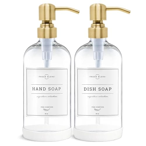 Vine Creations Clear Glass Soap Dispenser, 2 Pack Kitchen Soap Dispenser Set with Stainless Steel Pump, 16 oz Dish Soap and Hand Soap Dispensers for Bathroom with Waterproof Labels